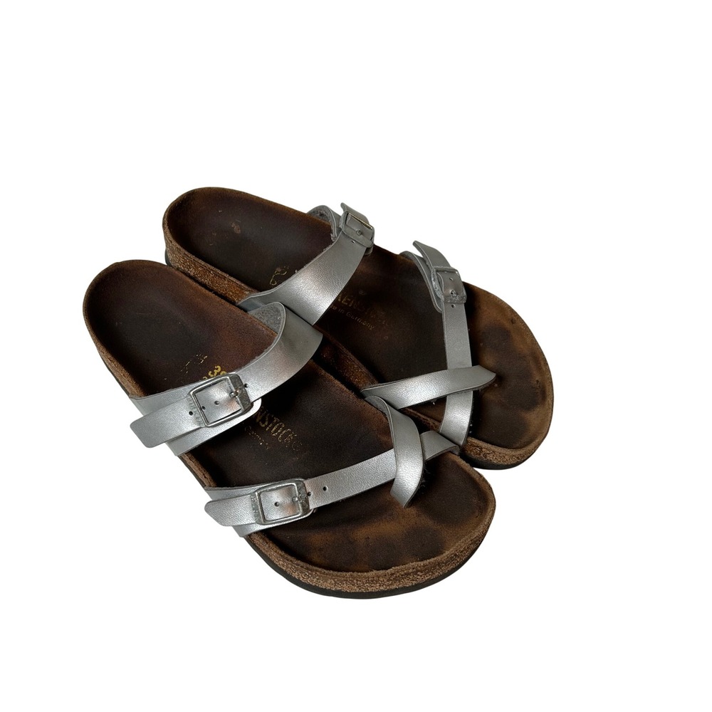 Birkenstock Mayari Sandals Women's 38 7.5 Silver Strappy Toe Loop Cork Footbed